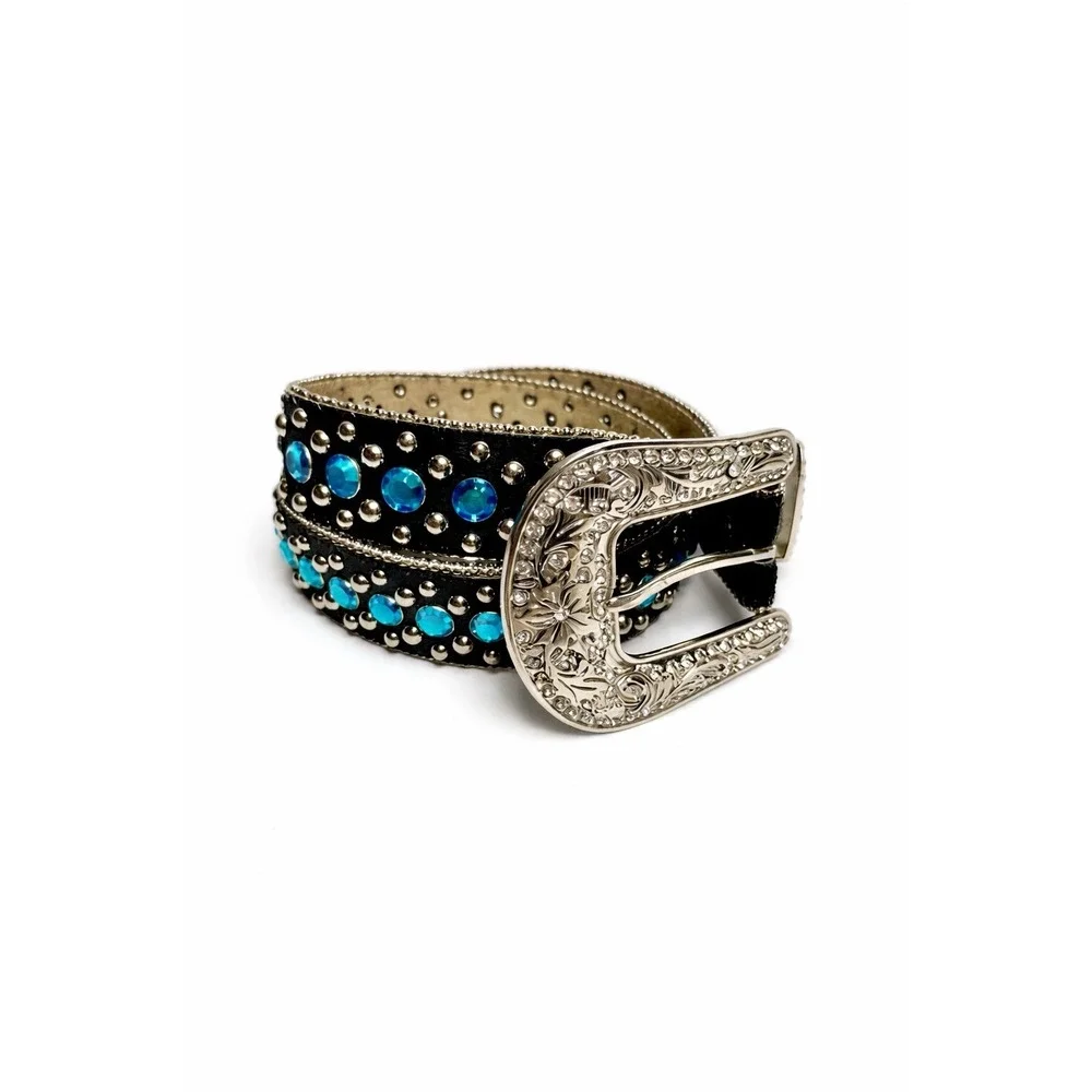 Western Hair On Hide Belt Size 24 Turquoise Studded Rhinestone Silver Buckle